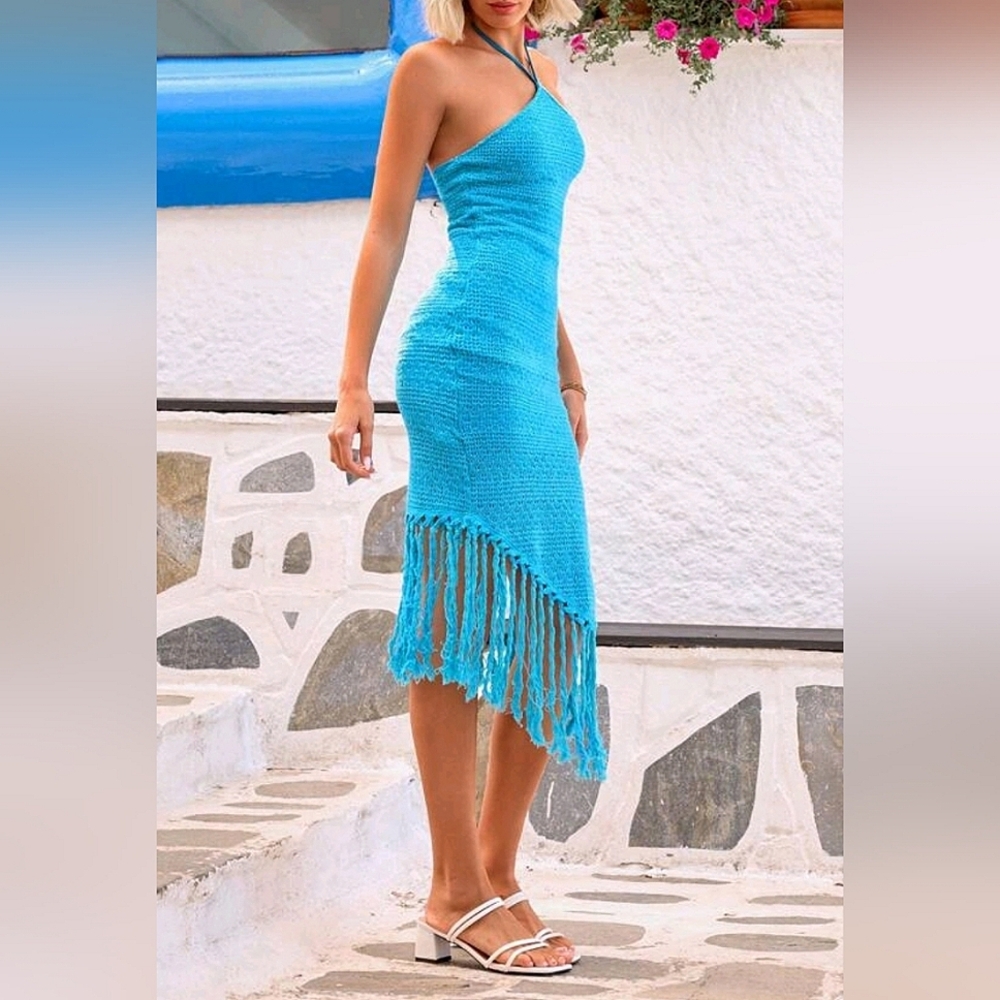 New Boho Fringe Crochet Knit Halter Midi Dress Blue - Picture 3 of 9